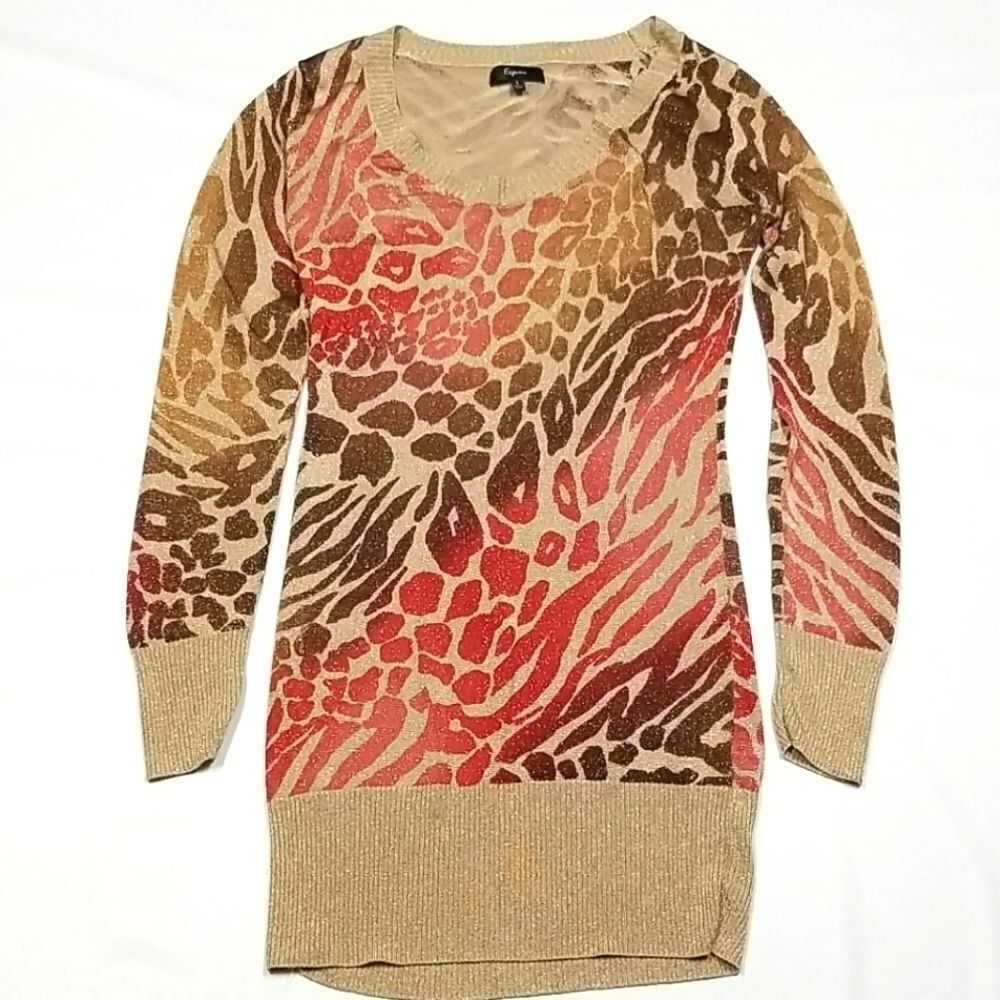 Express Sweater Women Large Abstract Long Sleeve Full length Gold Sparkles Knit